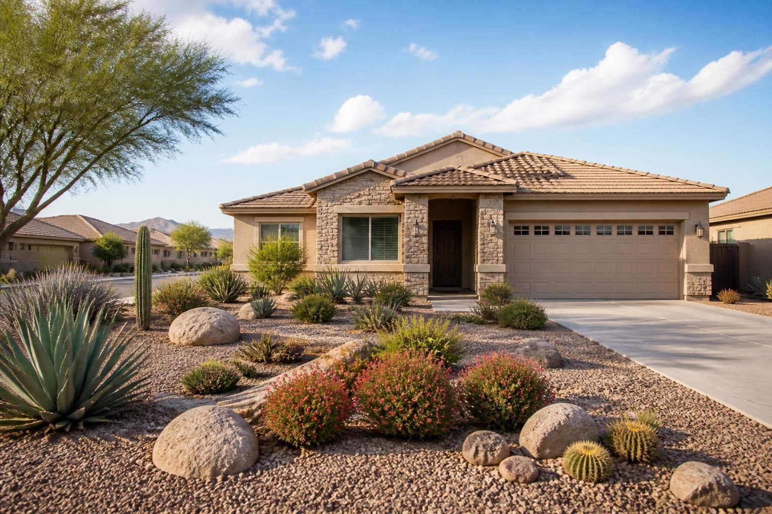 Spacious homes with open sky and desert landscaping in Buckeye.