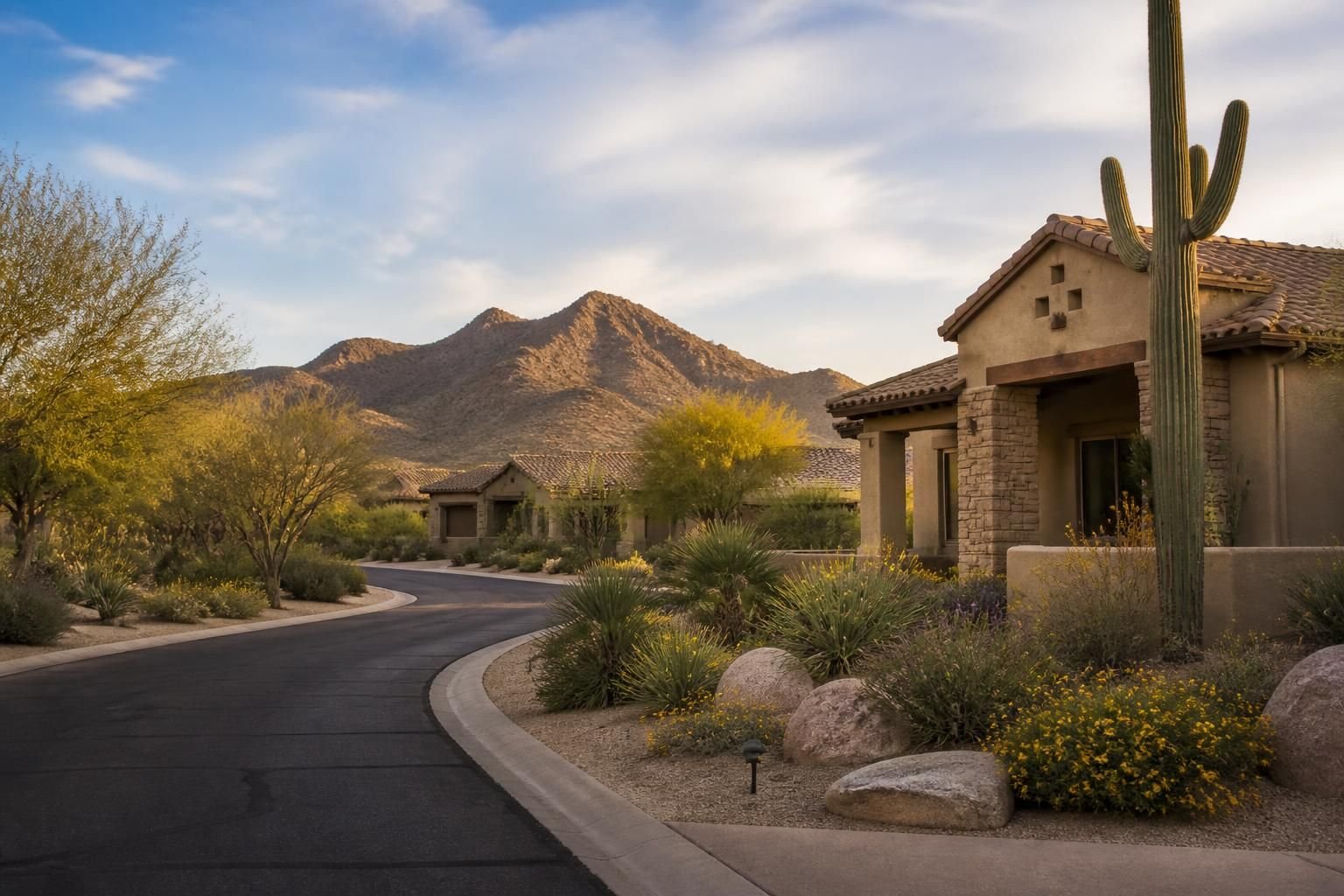 Desert neighborhood with warm-toned homes in Cave Creek.