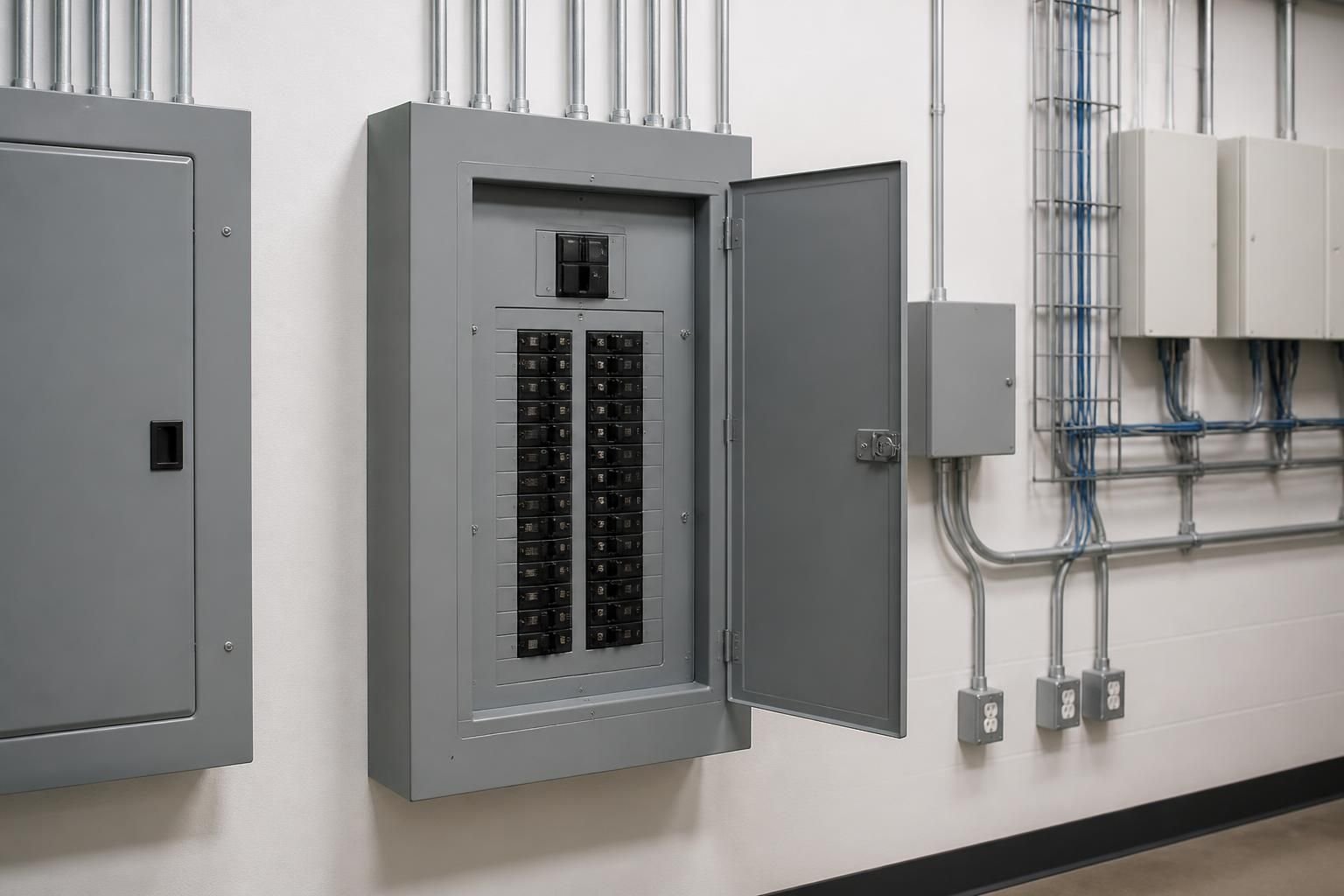 Clean commercial electrical room with organized distribution panels.