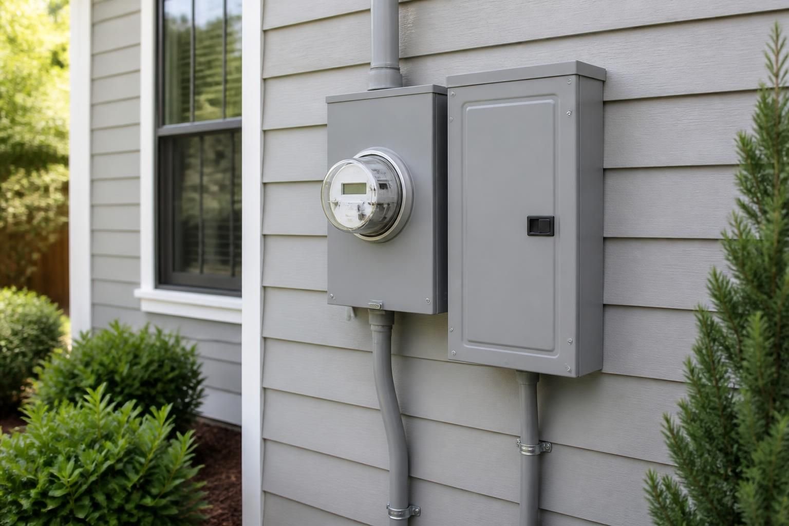 Completed residential electrical service upgrade with clean exterior installation.