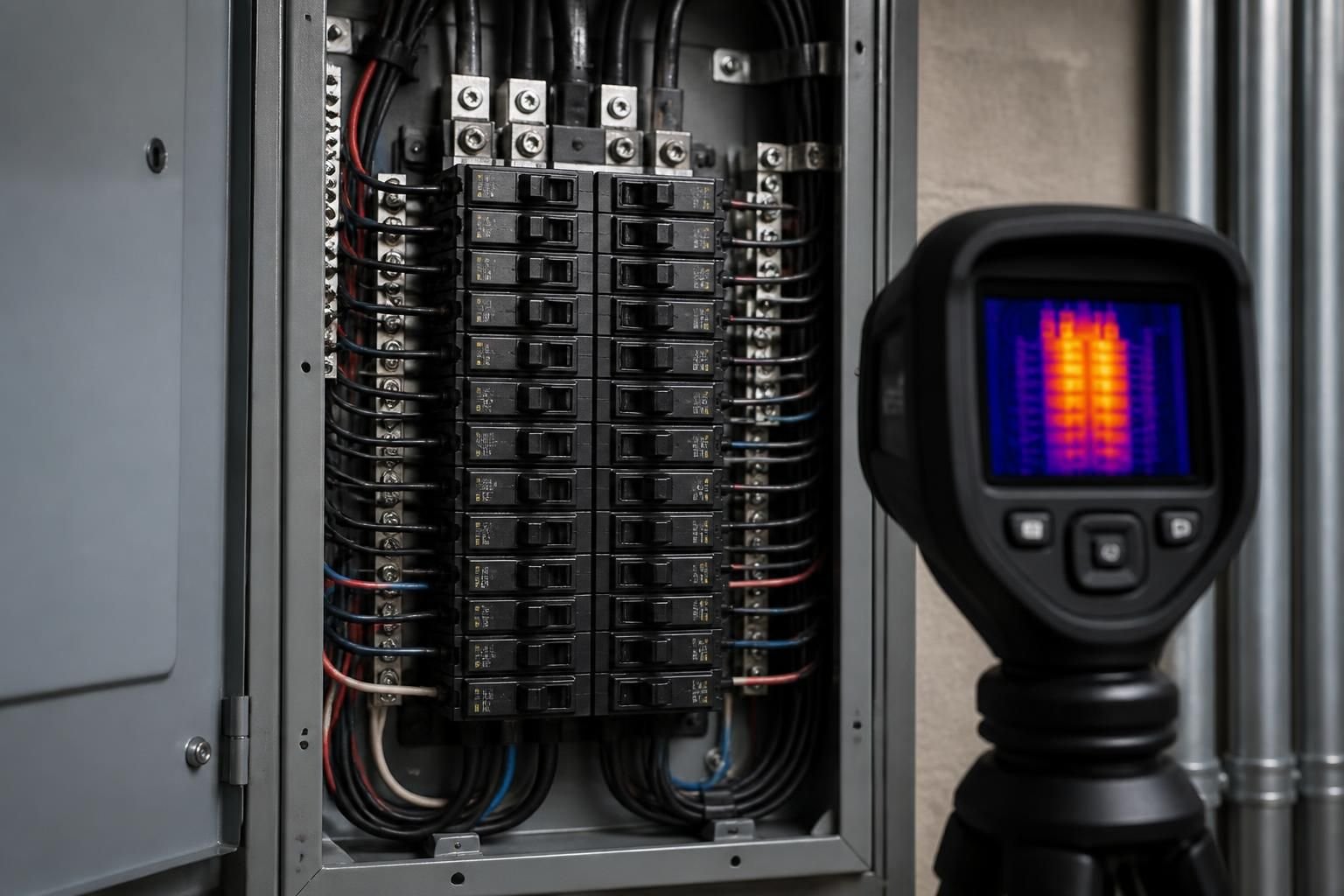 Clean electrical panel with infrared inspection context.