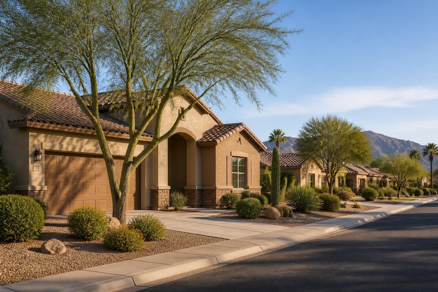Neat residential homes with desert trees in Mesa.