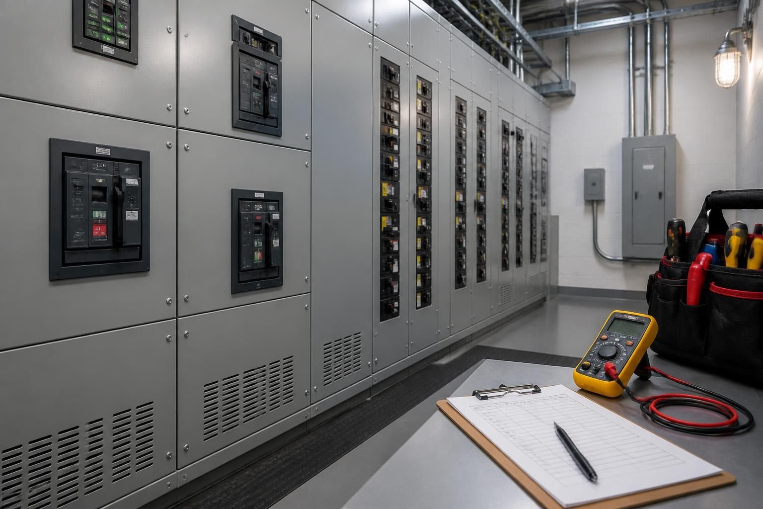 Compliant electrical equipment room with organized panels and maintenance context.