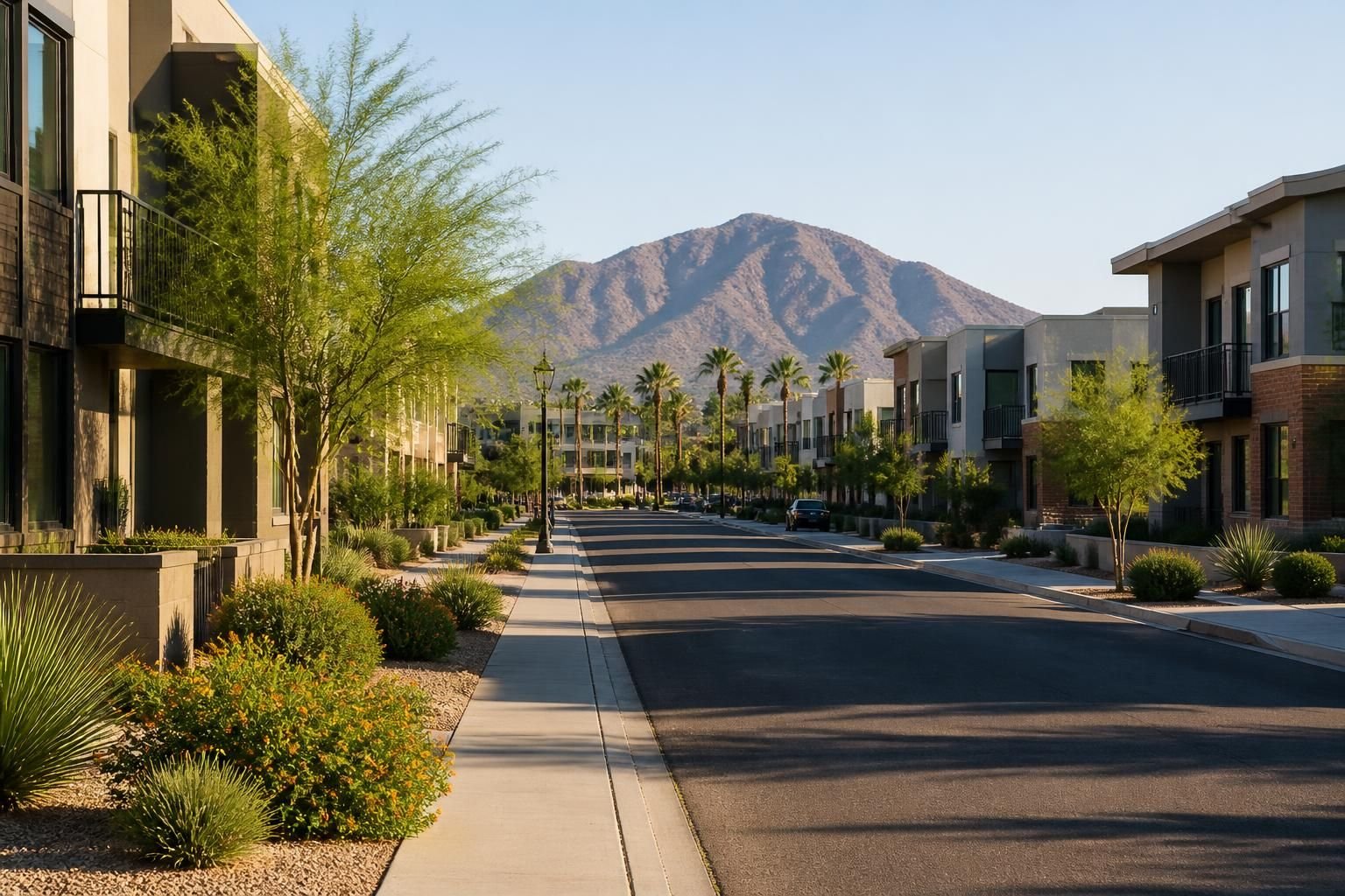 Clean streets and modern buildings in Tempe.